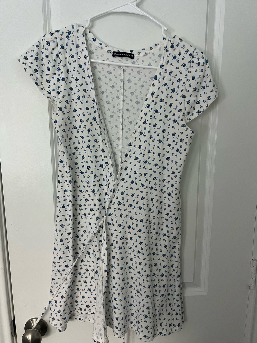 Brandy Melville Wrap V Neck Dress White with Blue Floral Print